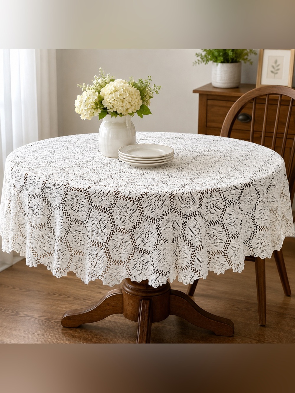 Handmade White Crochet Hexagon Tablecloth (55x60)